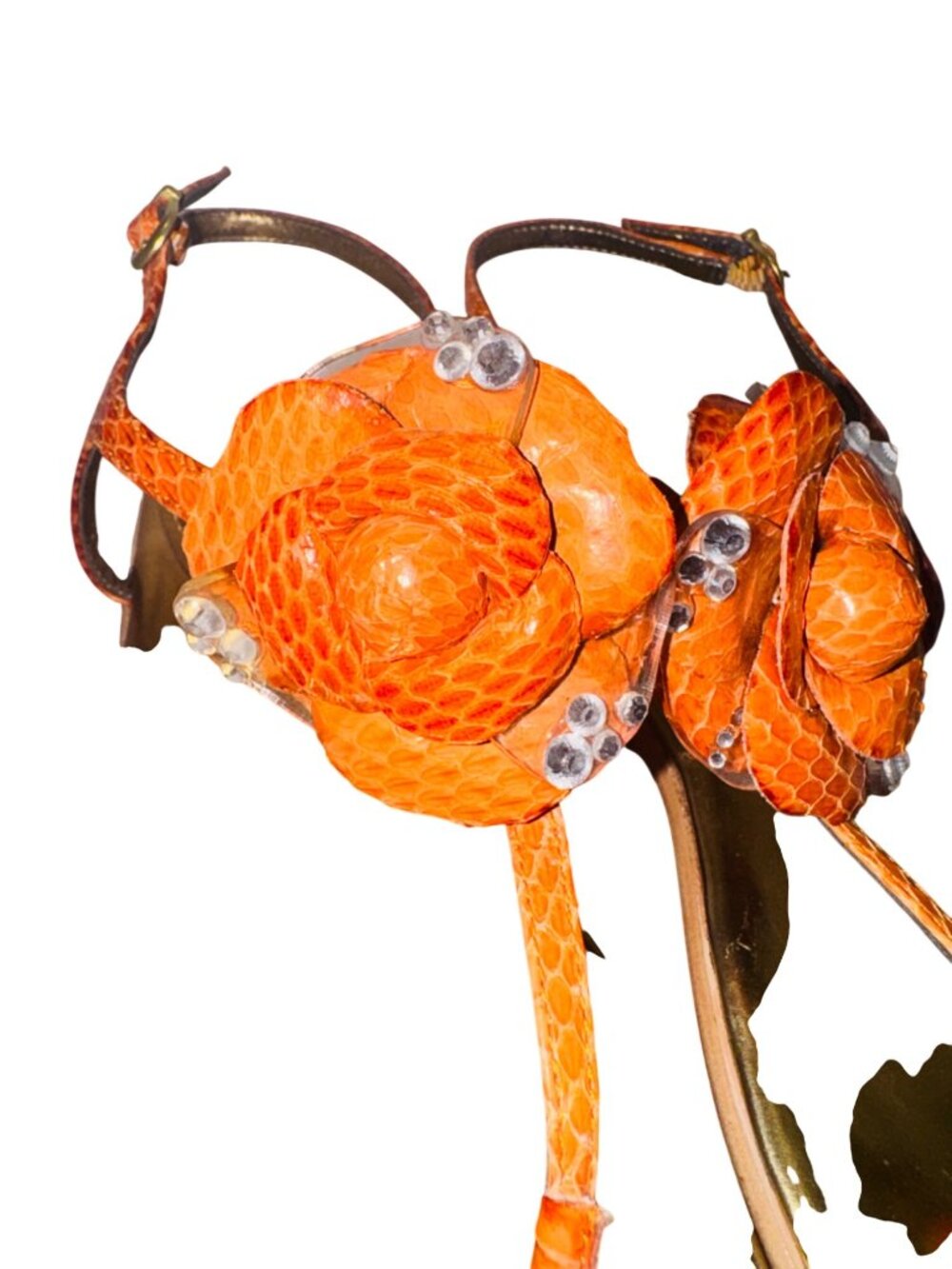 Vince Camuto Orange Snake-Embossed Flat Sandal Women 9 Gold Leather Flower Accen - Picture 11 of 11